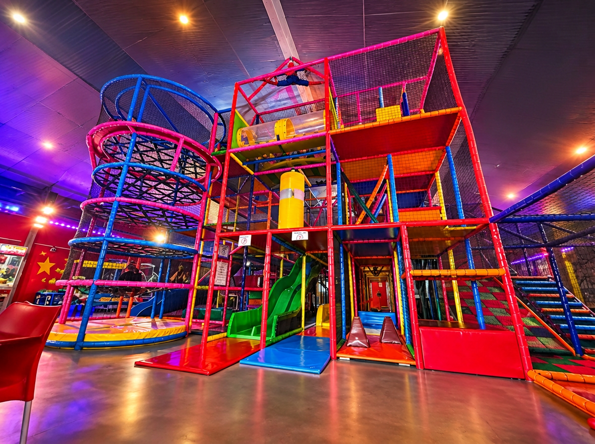 Grande structure de jeux colorée de la plaine de jeux couverte Park Mini-Jones à Sombreffe